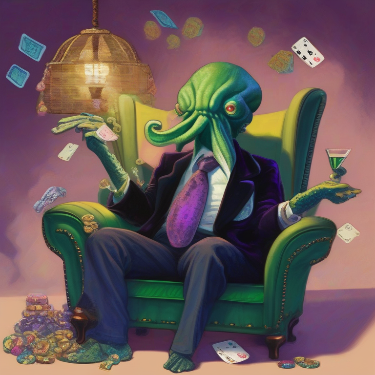 A magnificent purple octopus in a smoking jacket holding a martini, surrounded by floating bingo chips