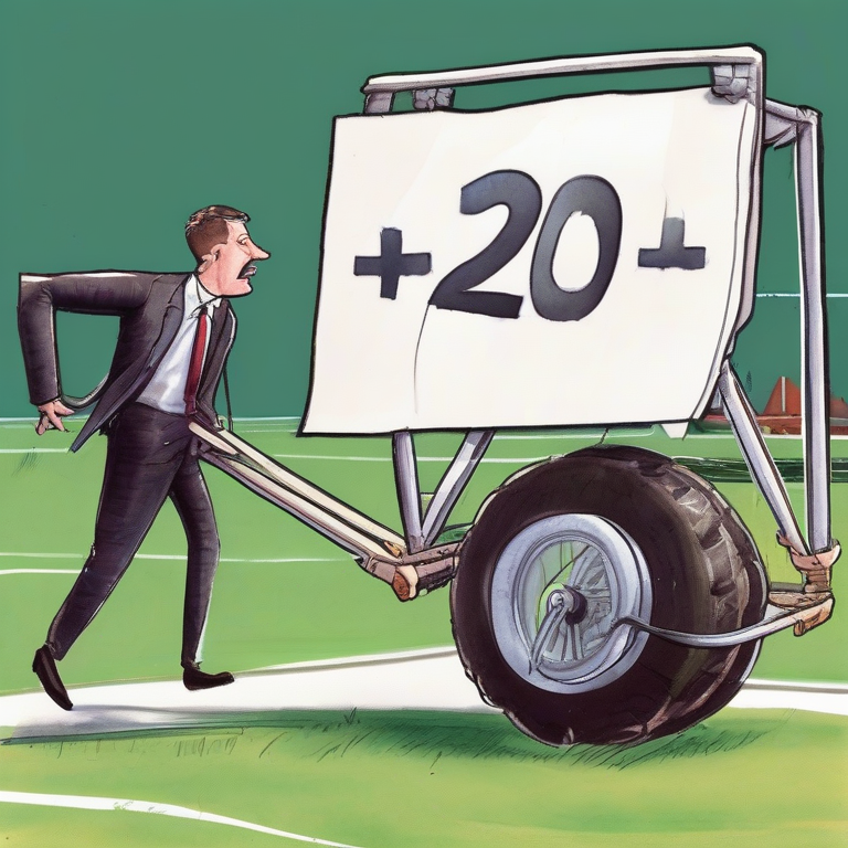 A bureaucrat dramatically pushing a giant football goalpost on wheels marked AGI DEFINITION 2025