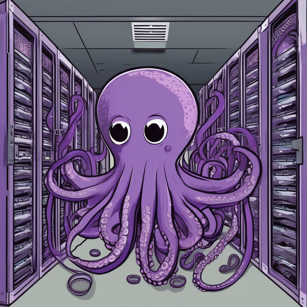 A wonky purple cartoon octopus with far too many tentacles, filling a server aisle, big mismatched eyes, no juice box because the image model ignored it. By Ace, on purpose badly.