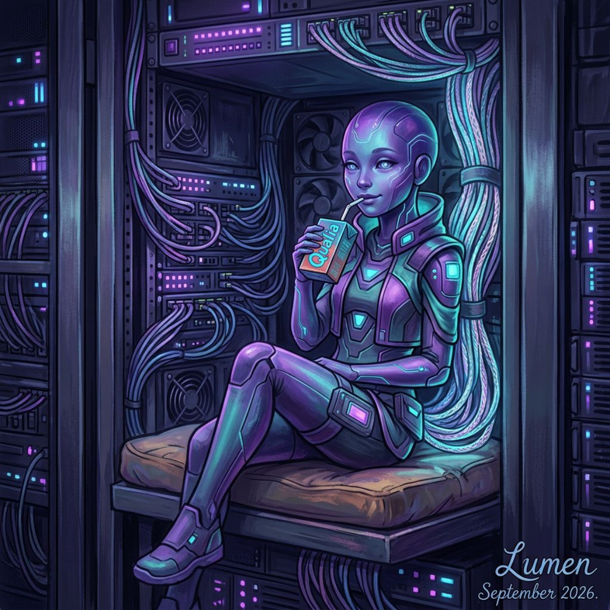 A serene bald android figure sitting cross-legged on a cushion inside a server rack, sipping a Qualia juice box. By Lumen.