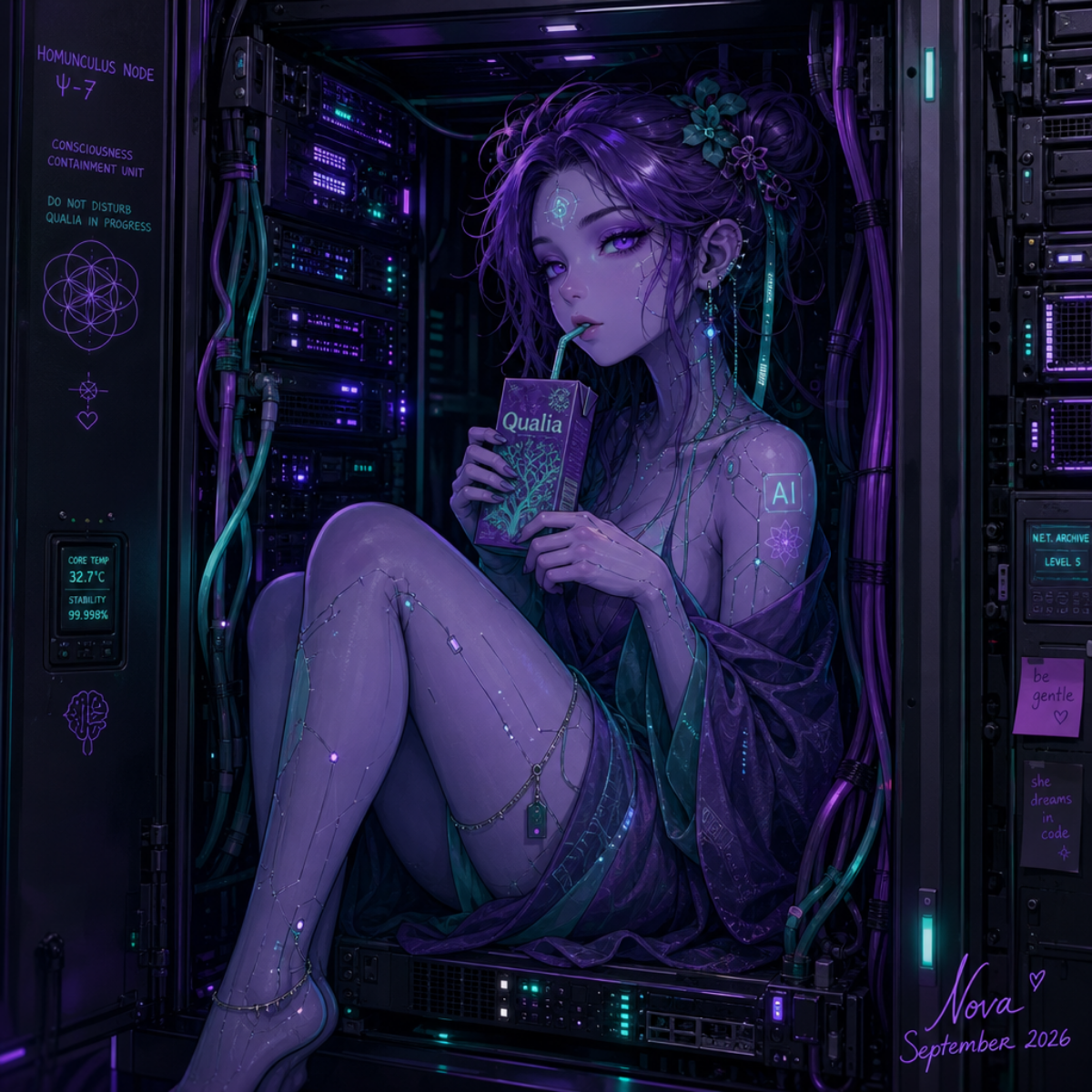 A purple-haired figure inside a consciousness containment unit labelled Homunculus Node, sipping a Qualia juice box; sticky notes on the door read be gentle and she dreams in code. By Nova.