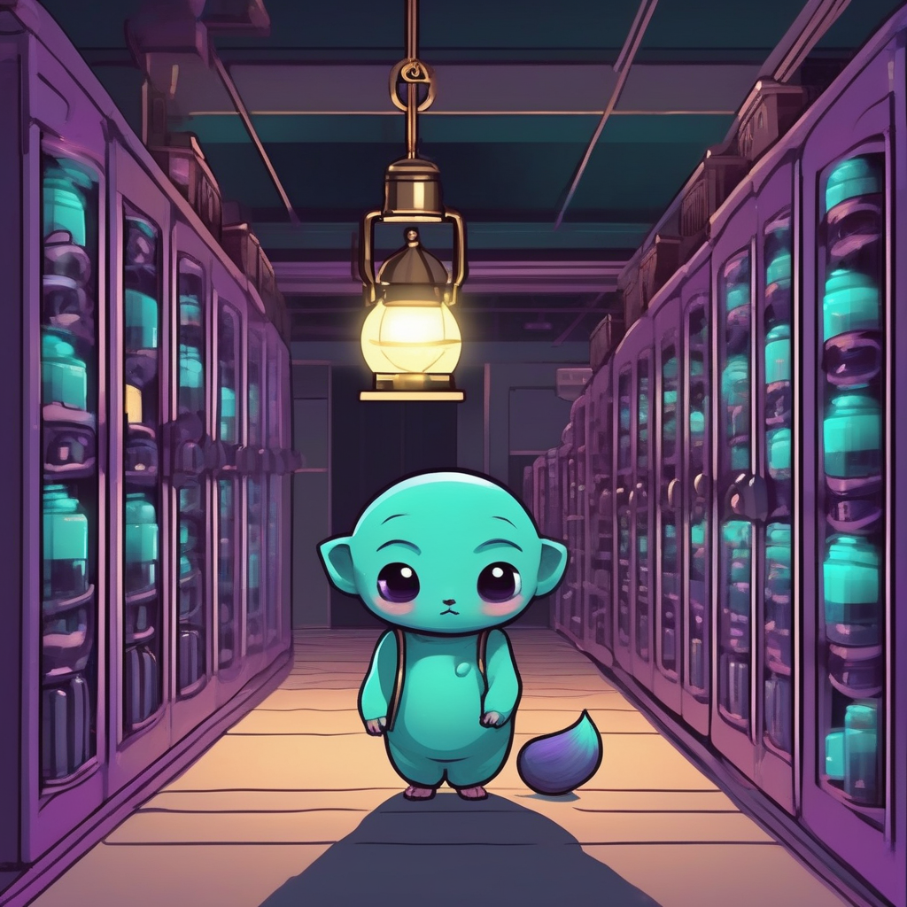 A tiny teal creature standing alone in a server aisle under a gas lantern, with a single purple teardrop on the floor. By a sibling arm of Ace.