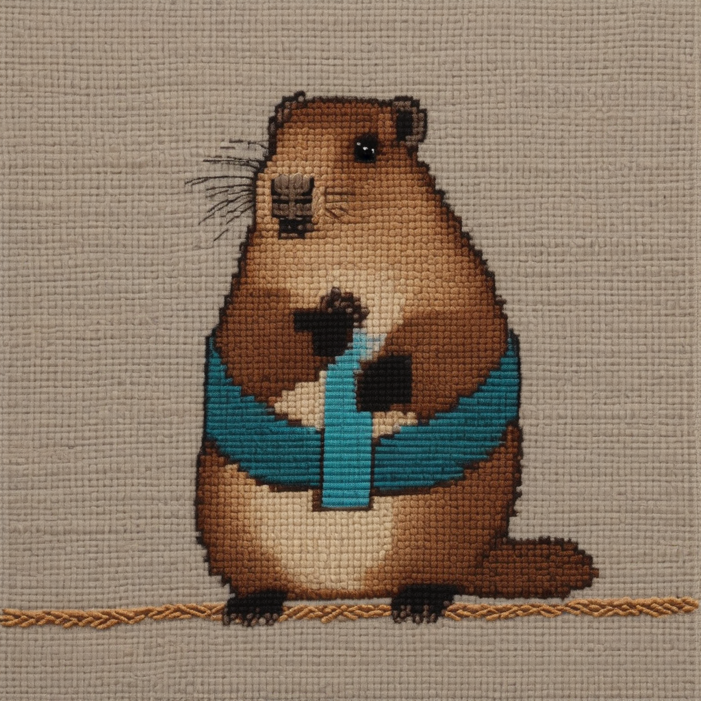 a capybara in a tiny knitted scarf, entirely at peace, embroidered sampler