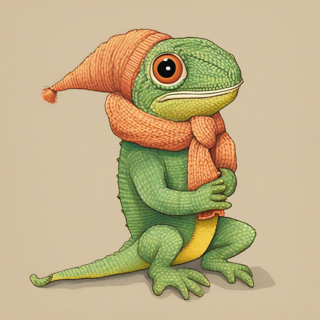 a chameleon in a tiny knitted scarf, just noticed the viewer, 1950s picture book