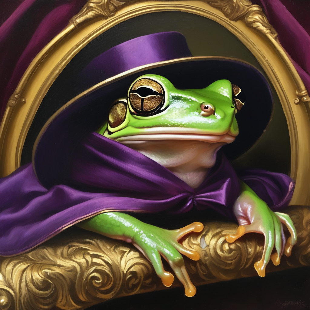 a dignified tree frog in an enormous purple velvet hat, Dutch Golden Age oil portrait