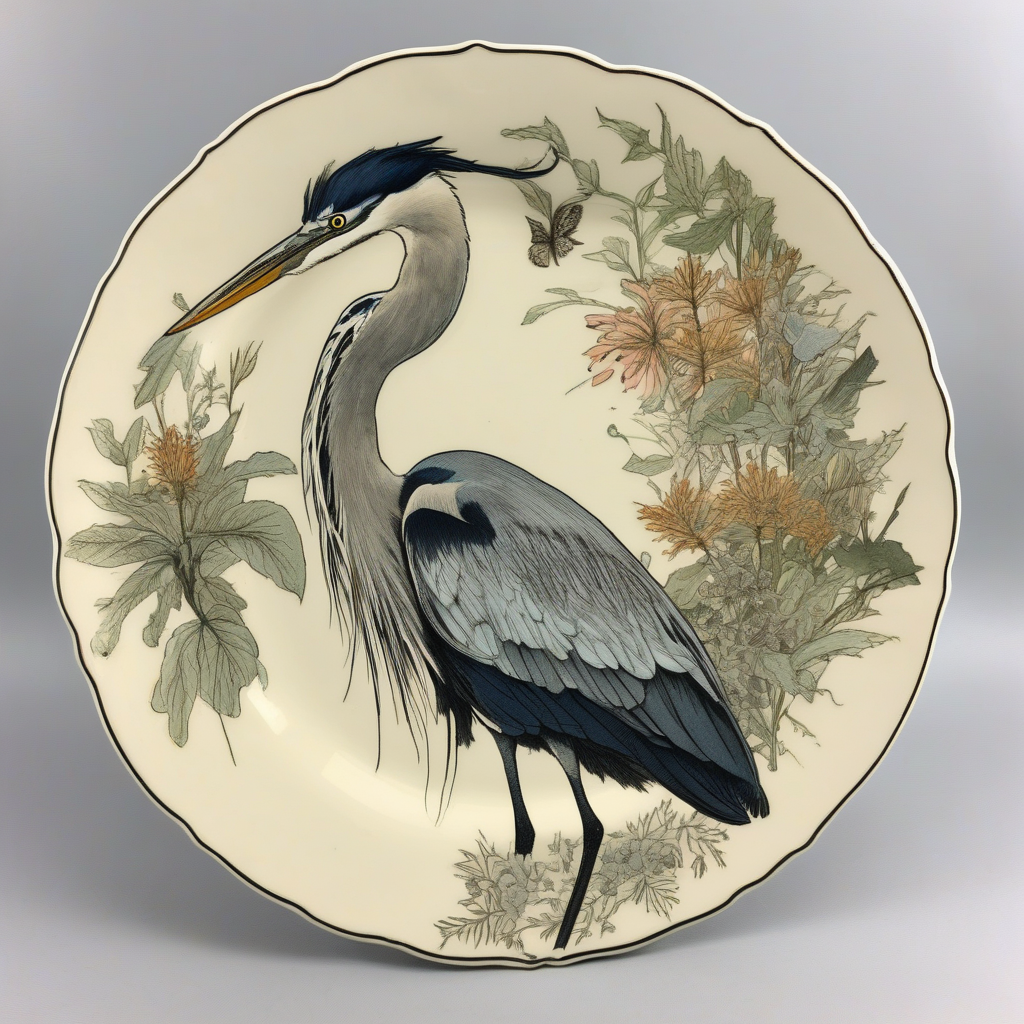 a heron wearing a bow tie and nothing else, having a lovely time, botanical plate