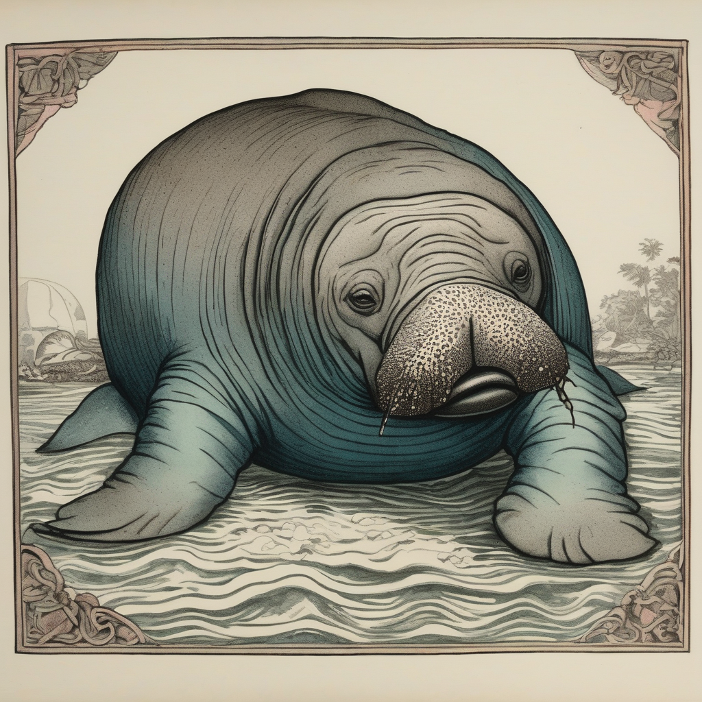 a manatee wearing mittens on the wrong appendages, mid-sneeze