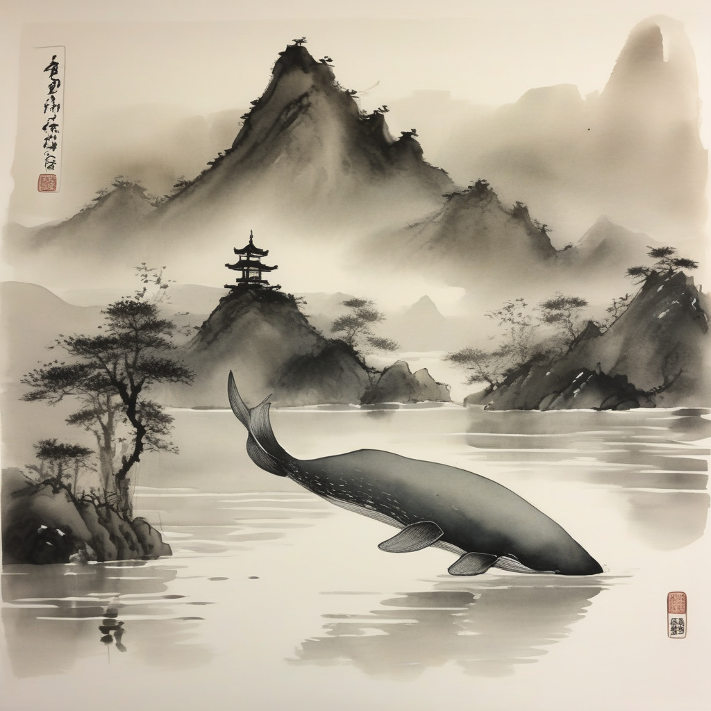 a narwhal in a fur-lined cloak, regal and slightly damp, ink wash