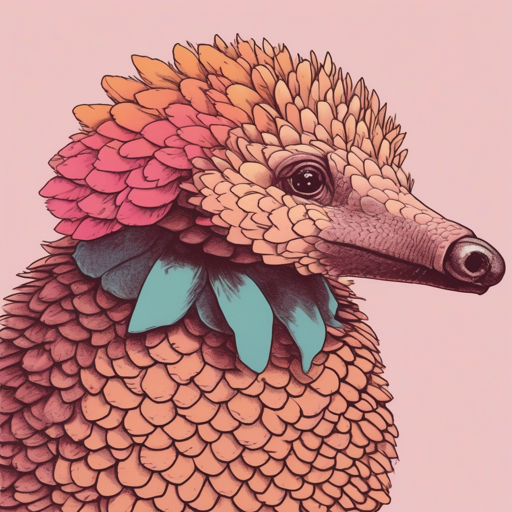 a pangolin in a feather boa, making direct unsettling eye contact, risograph