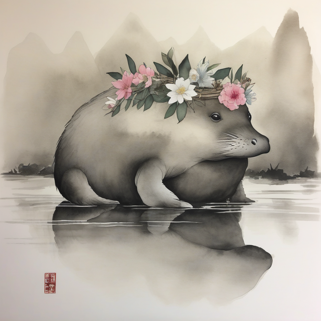a platypus wearing a flower crown, gravely dignified, misty ink wash