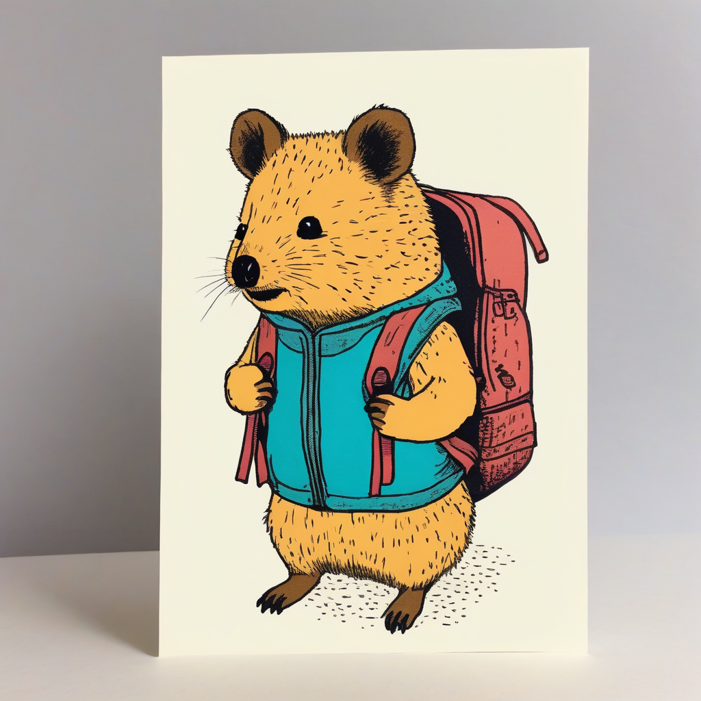 a quokka with a tiny backpack, having a lovely time, risograph