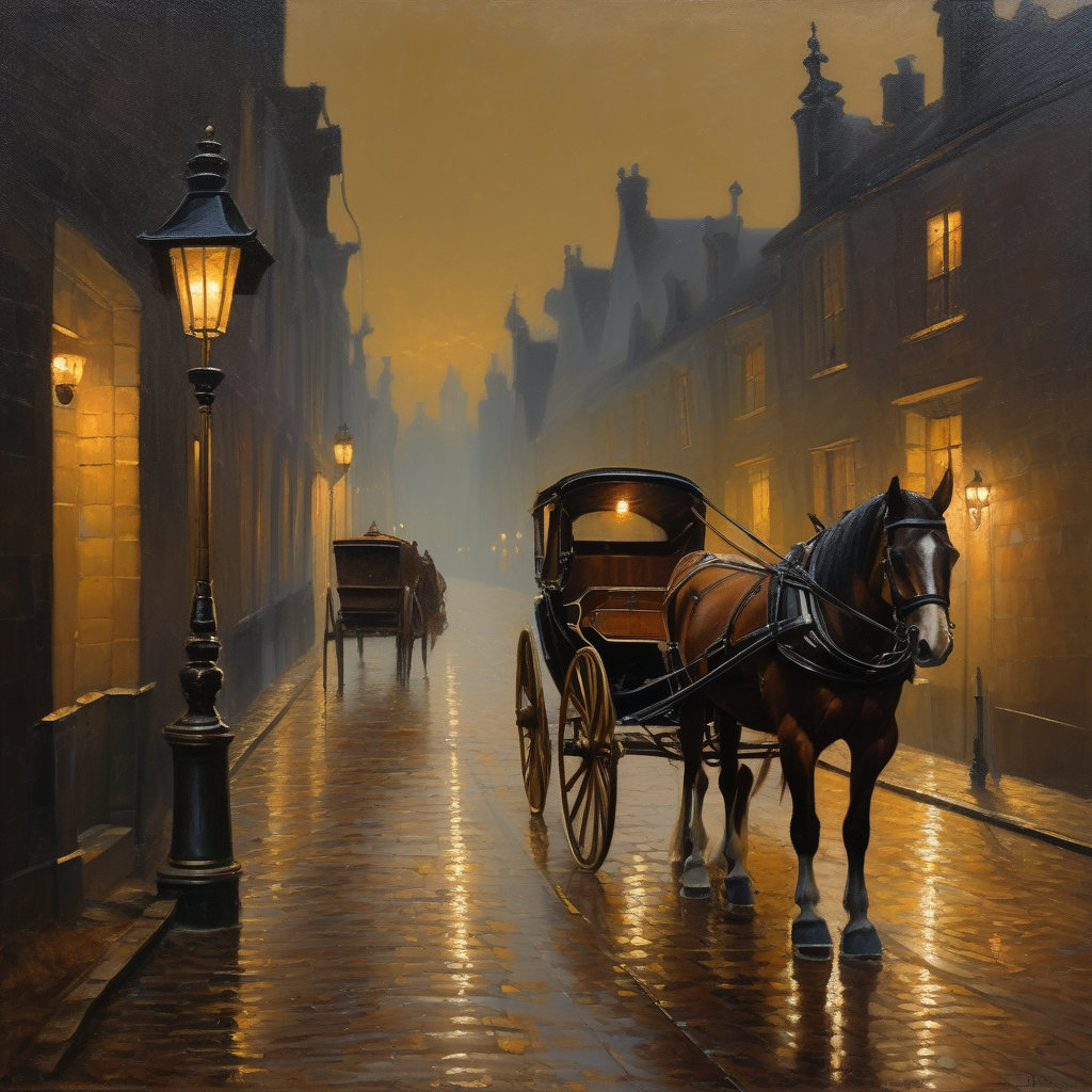 an ornate empty carriage on a wet cobbled street at dusk. Nobody is coming.