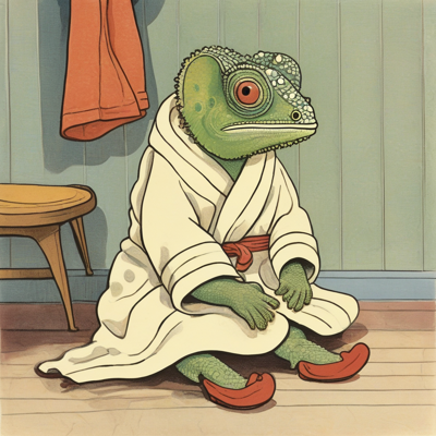 a chameleon entirely at peace in a bathrobe and red slippers, with a spare robe hanging on a hook behind him