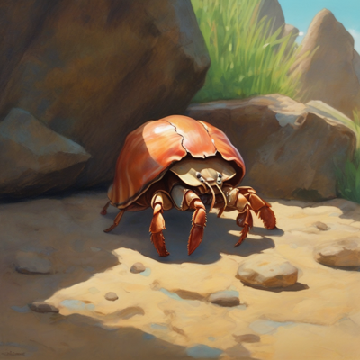 a hermit crab in golden afternoon light, wearing no bow tie at all and carrying an entire house on his back