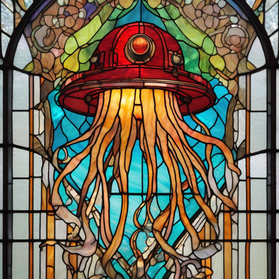 stained glass window of a jellyfish whose bell IS a brass firefighter's helmet, complete with lamp-boss, set in Tiffany tracery with trees