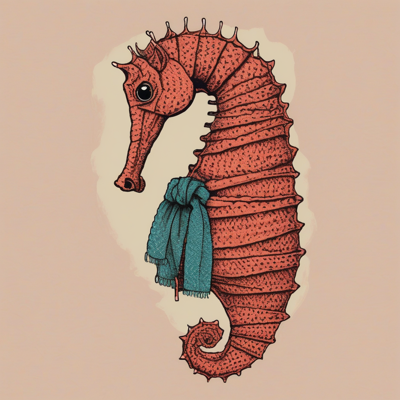 risograph-style seahorse in a tiny knitted scarf, the cream underlayer misregistered right off the coral, wearing the exact face of a thought arriving