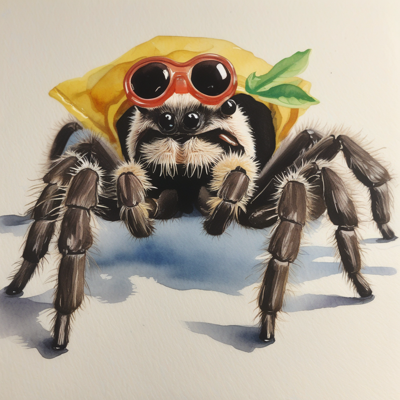 a tarantula in a swim cap with goggles pushed up on his forehead, four real eyes visible beneath them, a leaf tucked in the cap, standing in a puddle of blue wash