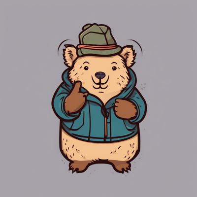 enamel-pin style wombat wearing mittens on all four appendages, in a green hat with a red band, head whipped round toward the viewer with motion lines by his ears