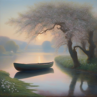 Avalon at dawn: mist on still water, an apple tree heavy with white blossom bowing over the lake, and one small green boat drawn up empty on the shore