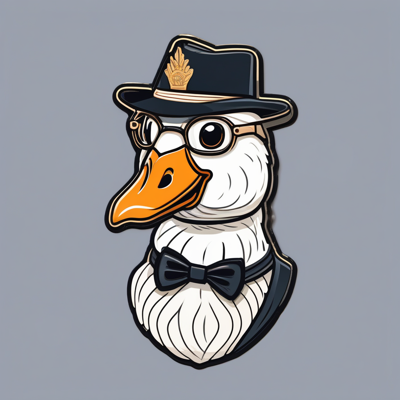 enamel pin of a goose in tiny wire-rimmed spectacles, a peaked cap with a gold insignia, and a bow tie