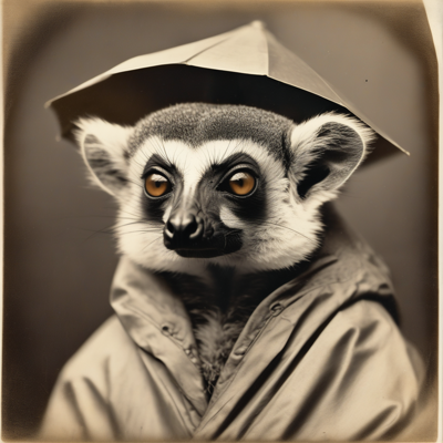 sepia Victorian cabinet card of a ring-tailed lemur in an oversized raincoat with a folded newspaper hat, enormous amber eyes