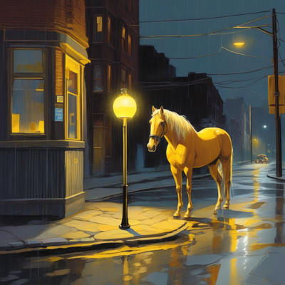 a palomino standing alone at a rainy night intersection under a globe streetlamp, the same yellow as the lamplight, a taxi with its lights on far down the wet street