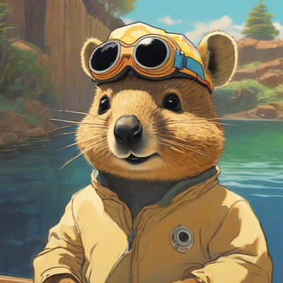a quokka in a yellow jacket with goggles pushed up on his forehead, smiling directly at the viewer in front of a sunlit swimming hole