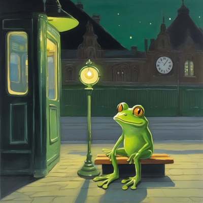 a small green frog on a bench at an empty station platform at night, a large green lit carriage standing at the platform beside him, station clock behind