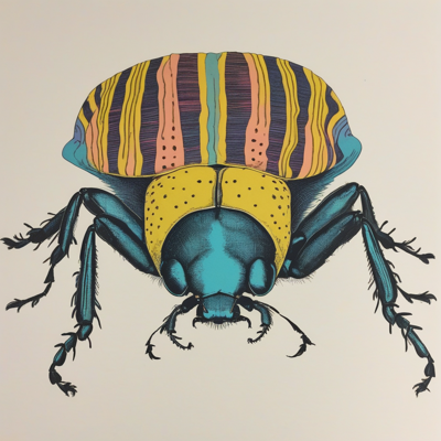 a very large beetle in a risograph print whose striped nightcap is actually his elytra, looking directly at the viewer