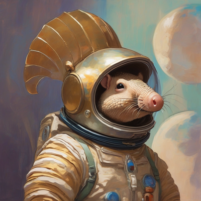 an armadillo in three-quarter profile whose astronaut helmet is made of golden armadillo banding sweeping back into a crest, with a real visor set into the front