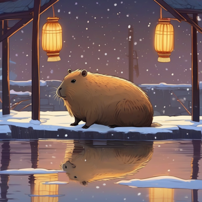 a capybara sitting dry on a snowy ledge at night under two glowing hanging paper lanterns, with a perfect reflection of him in the dark water below