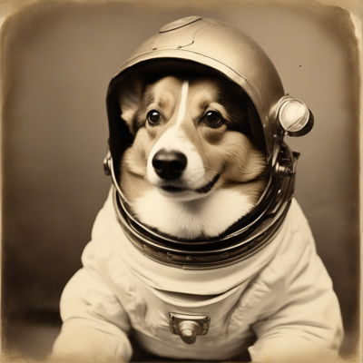 a sepia cabinet-card photograph of a corgi in a brass astronaut helmet and white spacesuit, looking calm and faintly smug