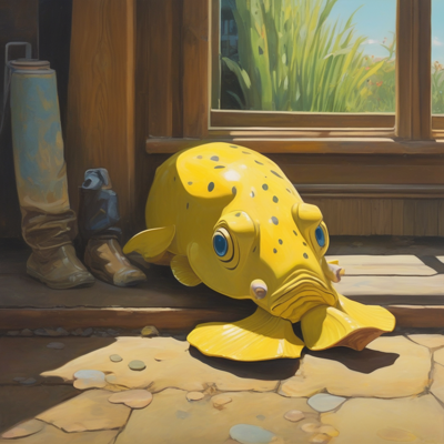 a bright yellow spotted sea creature lying across a sunlit doorway, eyes wide open, with a pair of boots standing against the wall behind him
