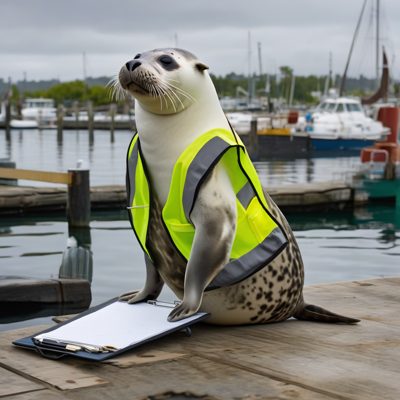 a harbor seal in a high-visibility vest sitting upright on a dock, one flipper resting on a blank clipboard with a pen lying across its bottom edge, gazing into the distance