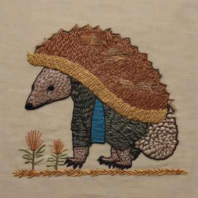 an embroidery on linen of a pangolin with a yellow band across its back and a blue panel on its side, walking along a stitched groundline past two small plants