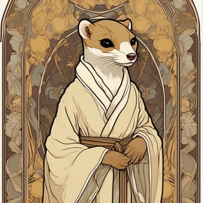 an art nouveau poster of a stoat in a cream robe with a brown sash, in three-quarter profile, eyes turned away from the viewer, under an ornate gold arch