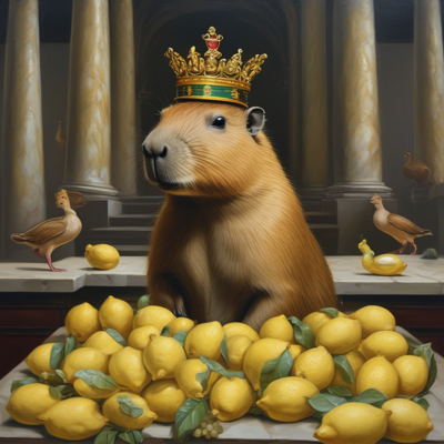 a capybara in a jeweled gold crown in a columned hall, a great pile of lemons in front of him, small birds on the ledges and a duck-shaped yellow object on the right
