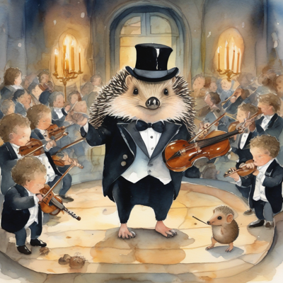 a hedgehog in a top hat and tailcoat holding a violin, a much smaller hedgehog beside him holding the baton, surrounded by an orchestra of small cherubs in tuxedos