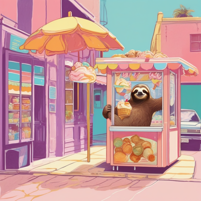 a sloth leaning out of a pastel-pink ice cream booth under an umbrella, holding up a cone