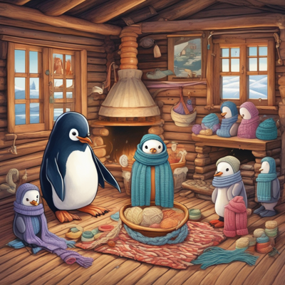 a log cabin full of penguins in hand-knit scarves around a bowl of yarn, with no squid anywhere