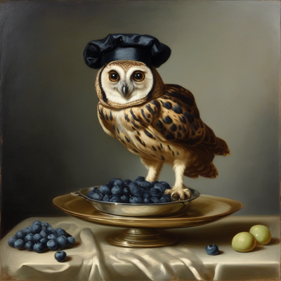 an owl in a dark cap standing in a silver bowl heaped with blueberries on a gold platter, a small spill of blueberries on the tablecloth to the left and one on its own to the right
