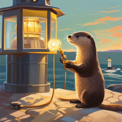 an otter with no coat standing beside a lighthouse lantern at sunset, holding up a small glowing bulb on a cord