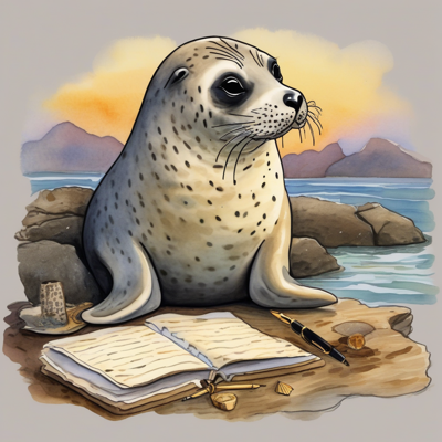 a harbor seal on a rock at sunrise beside an open ledger whose pages are covered edge to edge in handwriting, a gold fountain pen lying beside it, the seal looking out at the water