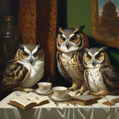 three owls at a table with two teacups, open books and papers, in dark museum lighting