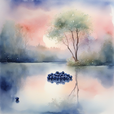 a misty lake at dawn with a blossoming tree on the far shore, a small heap of blueberries floating on the still water, and one blueberry apart from the rest