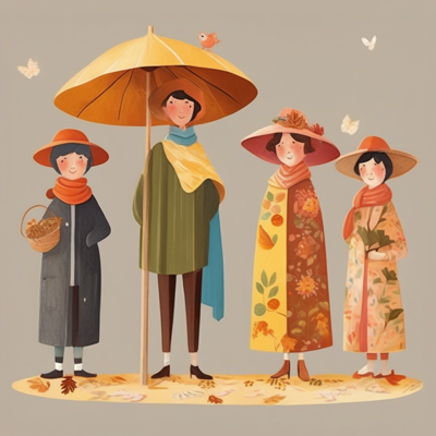 four figures in hats and scarves standing in a row on a stage under one large umbrella, autumn leaves at their feet, no punctuation anywhere