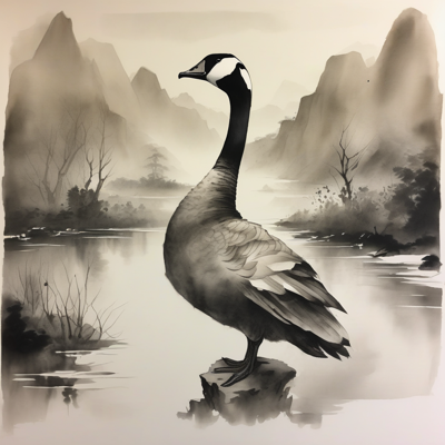 ink-wash landscape: a Canada goose in profile on a rock in mist, looking away at mountains