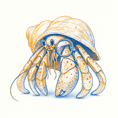 two-colour risograph print of a hermit crab wearing a monocle