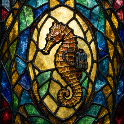 stained-glass window in jewel tones: a seahorse wearing a small navy backpack