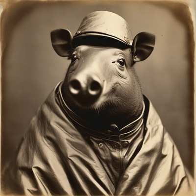 sepia cabinet-card photograph of a tapir in an oversized raincoat and bucket hat